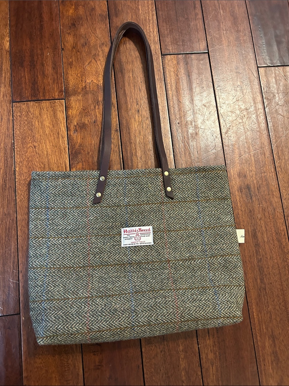 Harris Tweed Tweed Tote Bag with Leather Straps - Olive/Brown great condition
